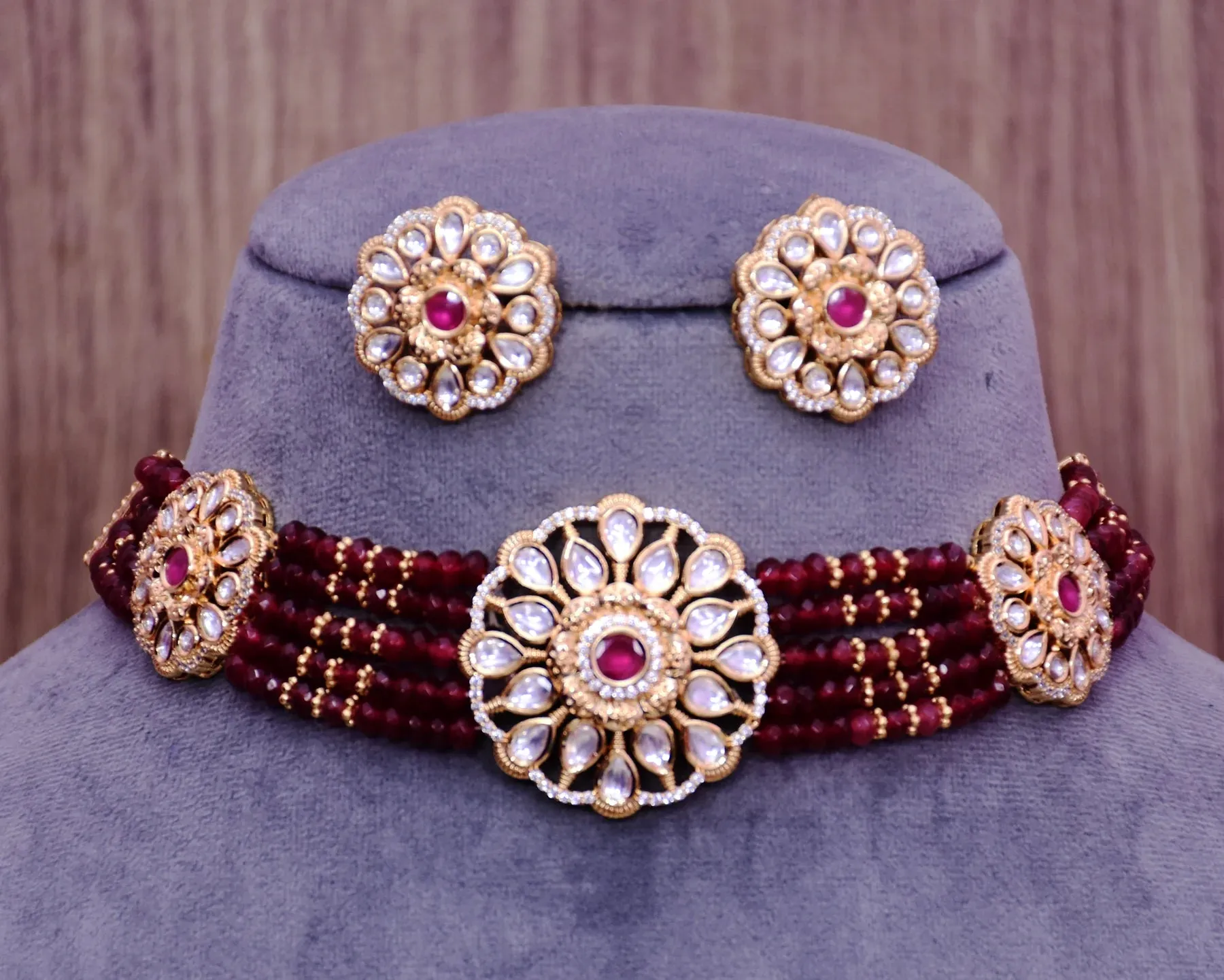 Designer Gold Plated Royal Kundan Choker Style Necklace with Earrings