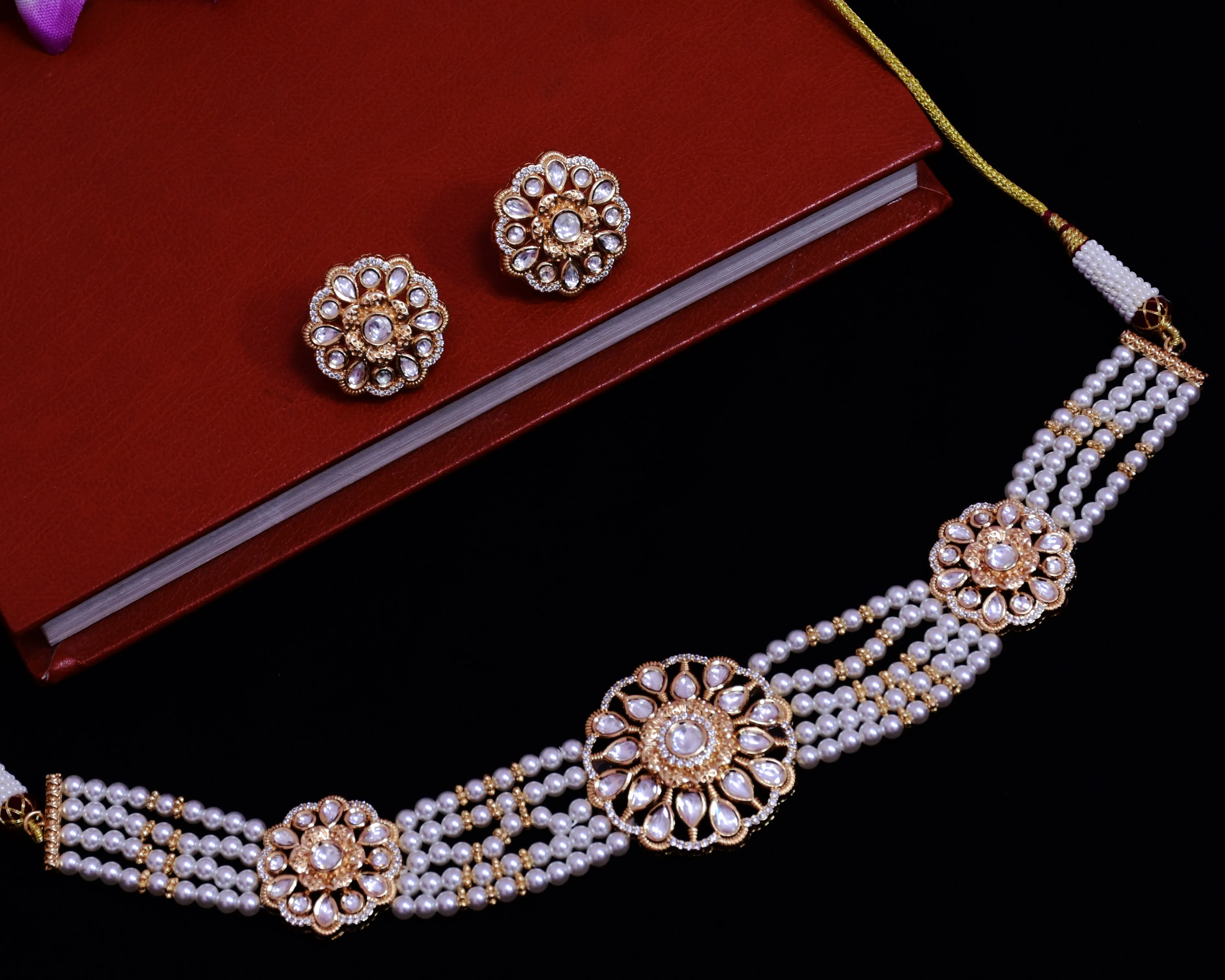 Designer Gold Plated Royal Kundan Choker Style Necklace with Earrings