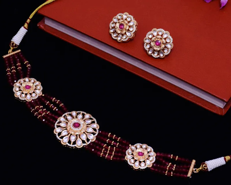 Designer Gold Plated Royal Kundan Choker Style Necklace with Earrings