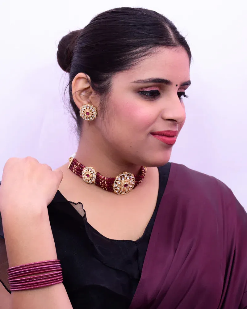 Designer Gold Plated Royal Kundan Choker Style Necklace with Earrings