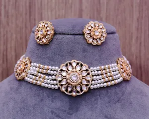 Designer Gold Plated Royal Kundan Choker Style Necklace with Earrings