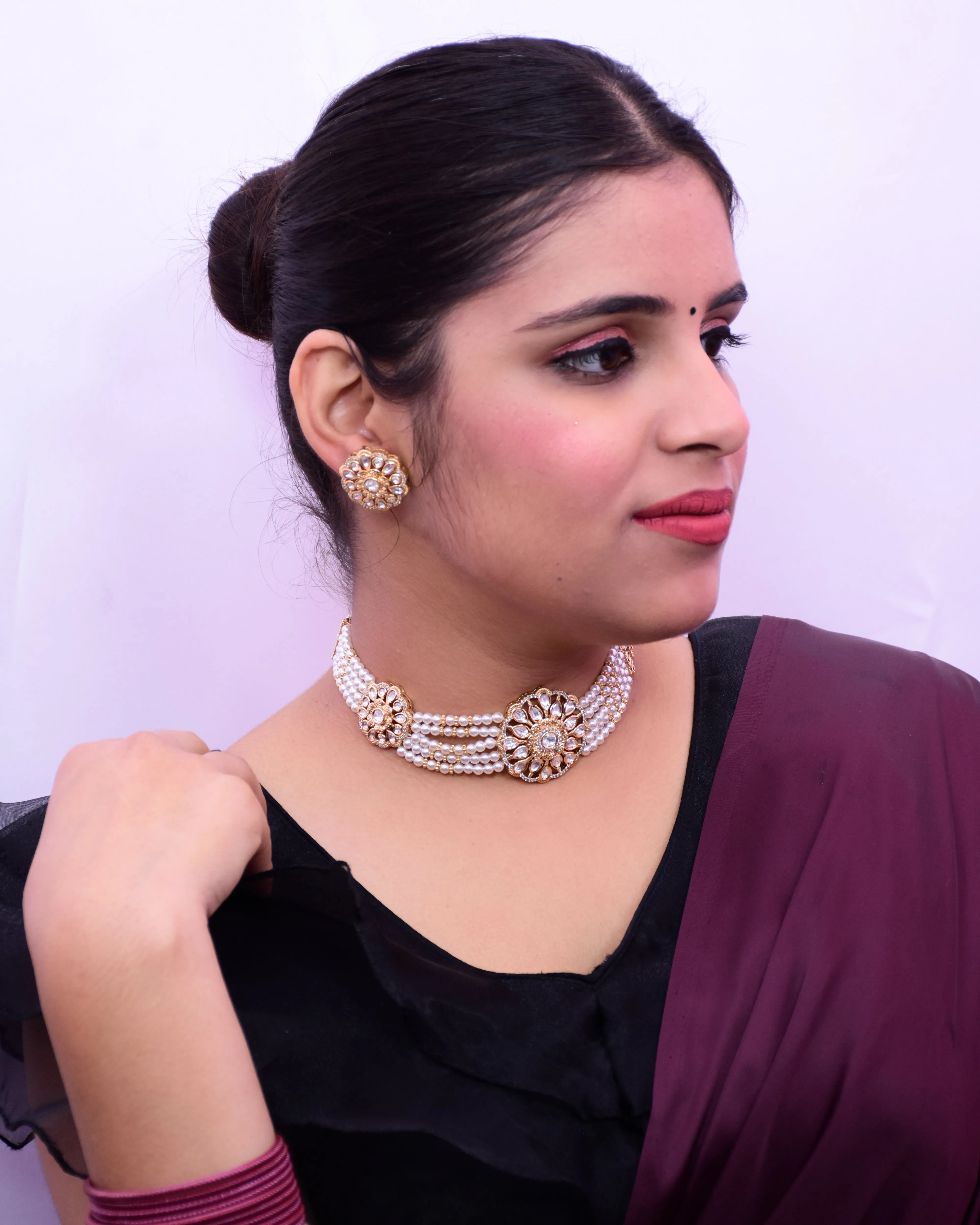 Designer Gold Plated Royal Kundan Choker Style Necklace with Earrings