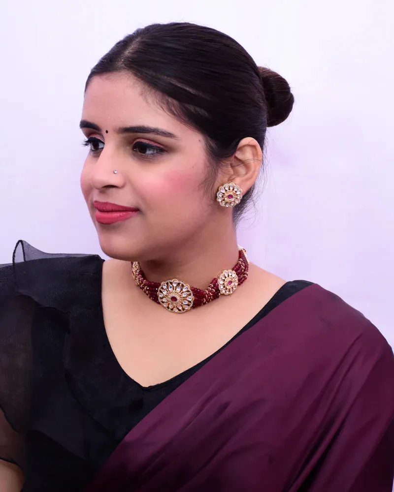 Designer Gold Plated Royal Kundan Choker Style Necklace with Earrings