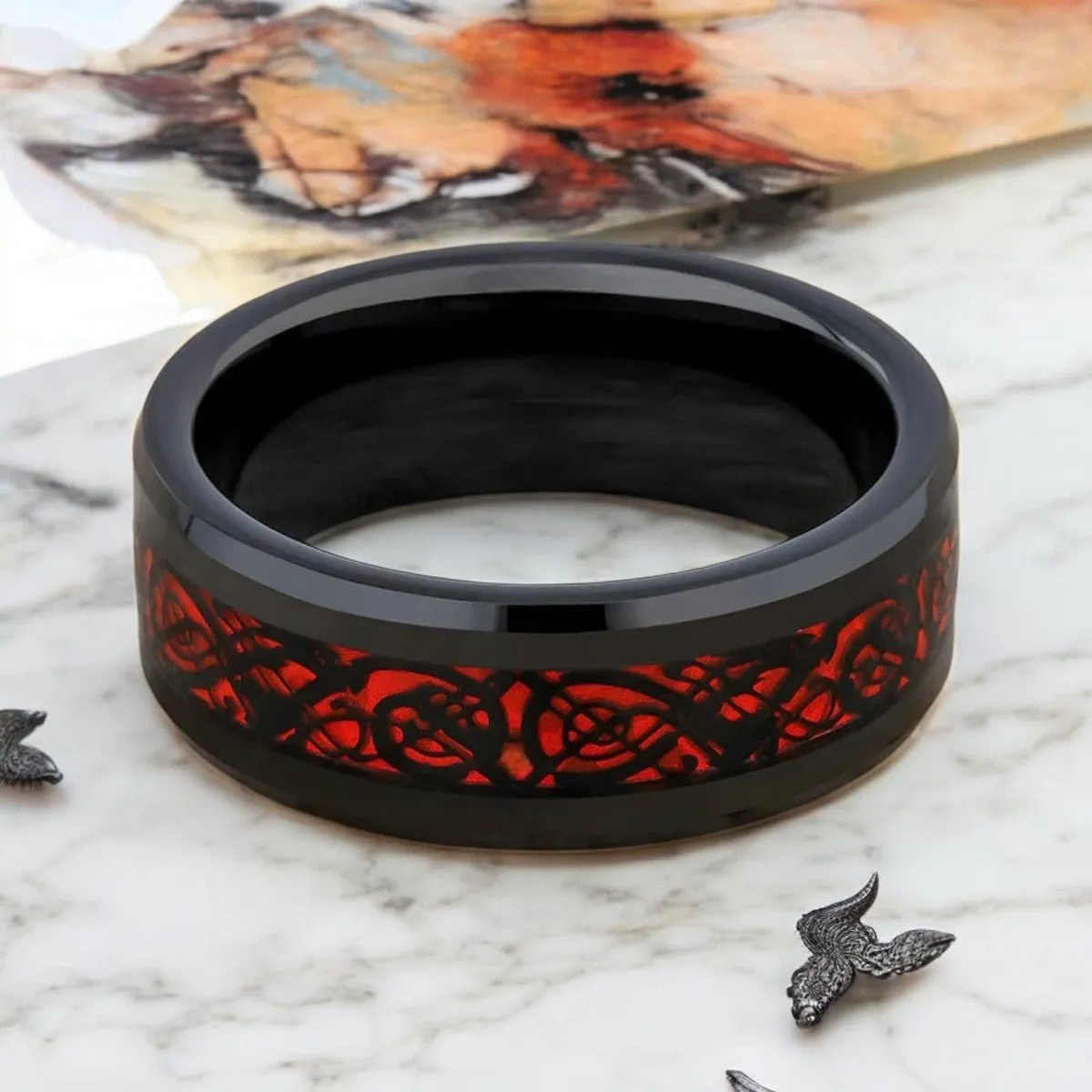 FIREFORGE | Black Tungsten Ring, Red Celtic Dragon Inlay, Beveled