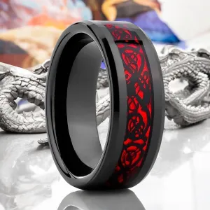 FIREFORGE | Black Tungsten Ring, Red Celtic Dragon Inlay, Beveled