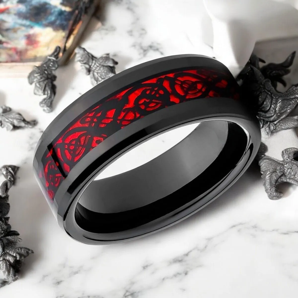 FIREFORGE | Black Tungsten Ring, Red Celtic Dragon Inlay, Beveled