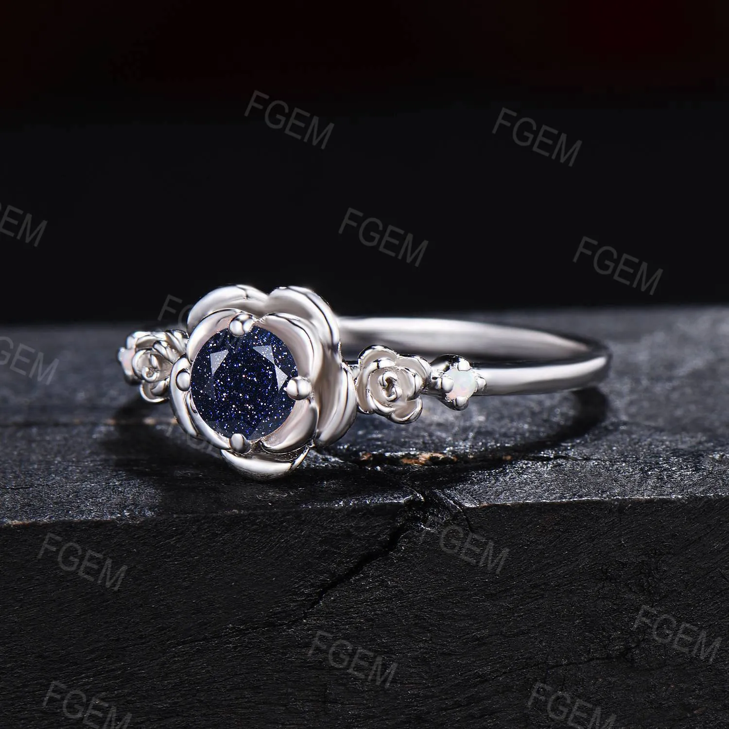Floral Engagement Ring 5mm Round Galaxy Blue Sandstone Wedding Ring Solid White Gold Rose Flower Blue Goldstone Bridal Ring Proposal Gift