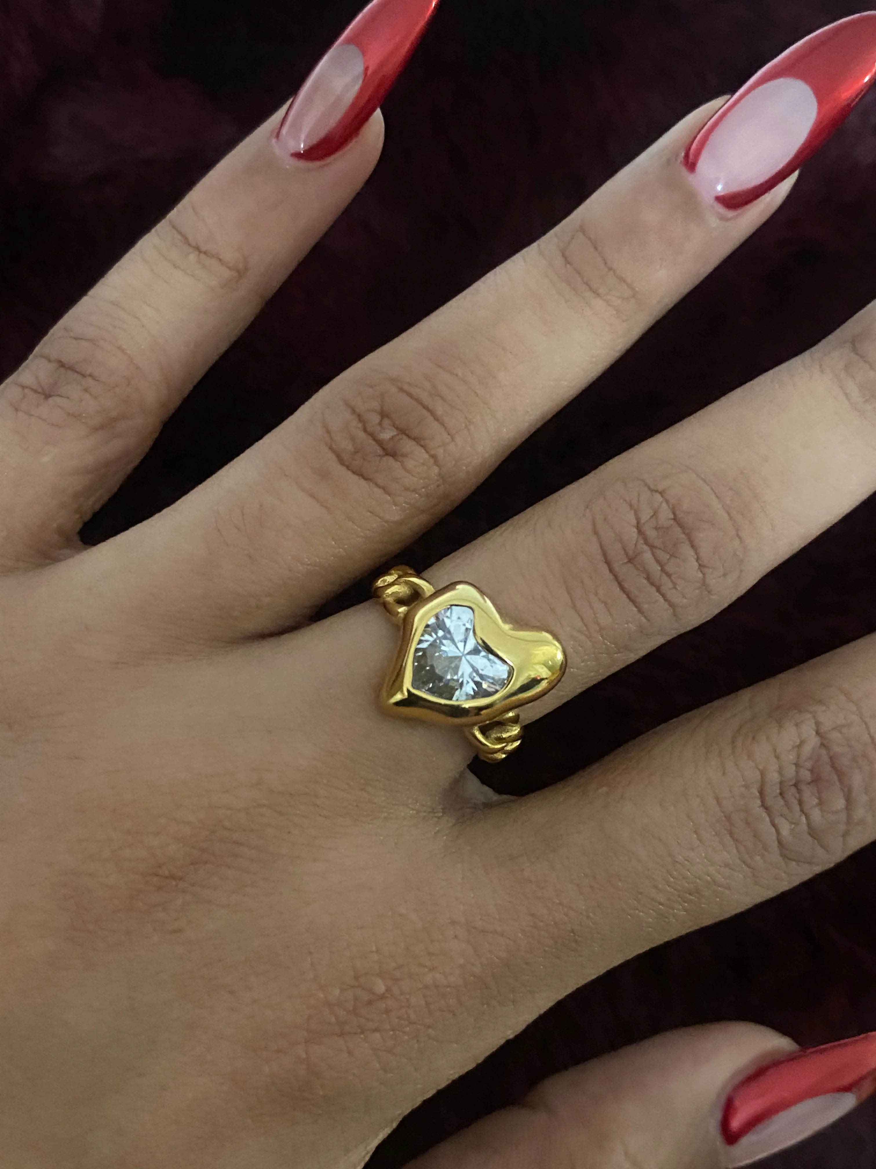 Gemstone Heart Link 18k Gold Ring