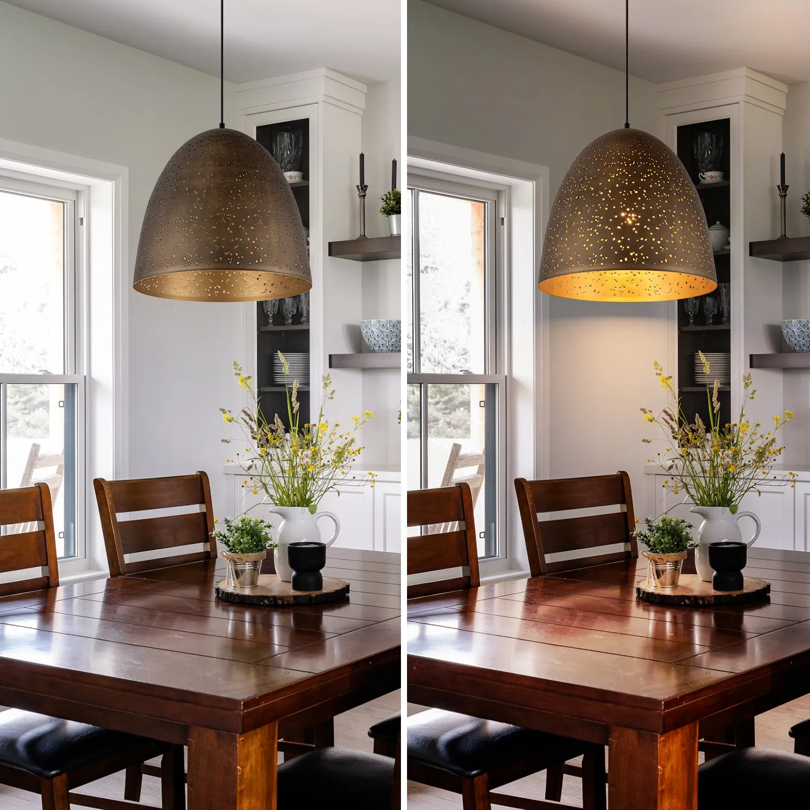 Glowlings 1-Light Vintage Rustic Starry Hourglass Antique Brass Dome Pendant Light