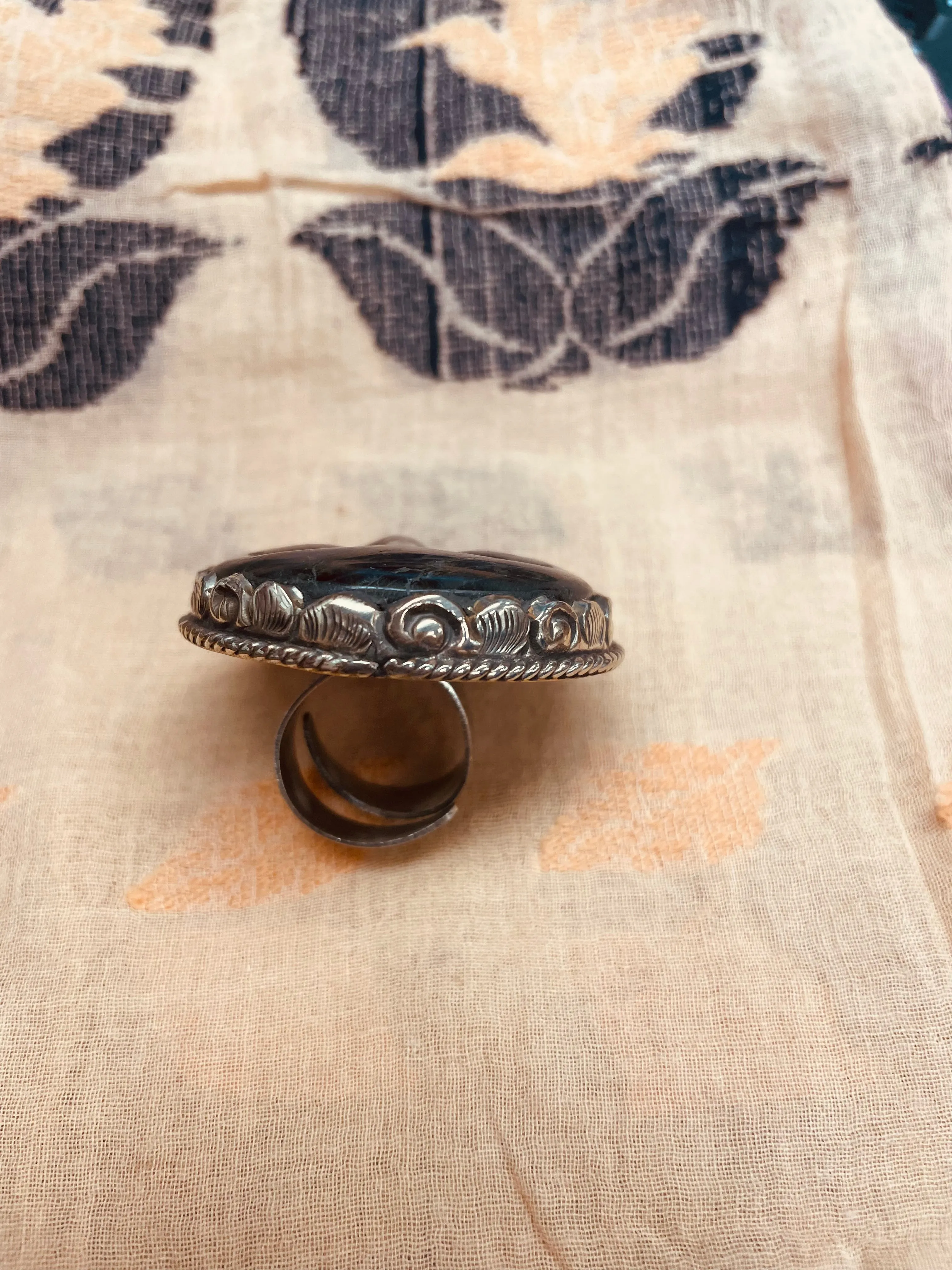 Goddess Moon Face Carved in Labradorite Adjustable Ornate Ring