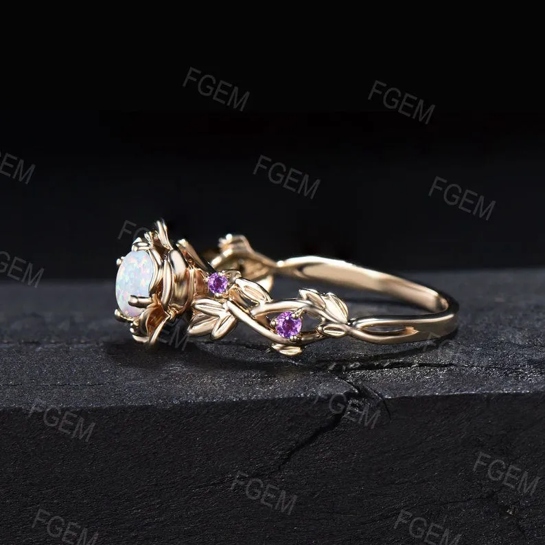 Gold Floral Engagement Ring 5mm Round Cut White Opal Twist Wedding Ring Nature Inspired Leaf Opal Jewelry Rose Flower Amethyst Promise Ring