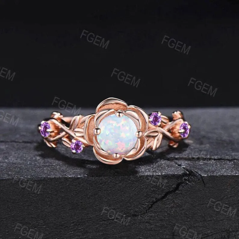 Gold Floral Engagement Ring 5mm Round Cut White Opal Twist Wedding Ring Nature Inspired Leaf Opal Jewelry Rose Flower Amethyst Promise Ring