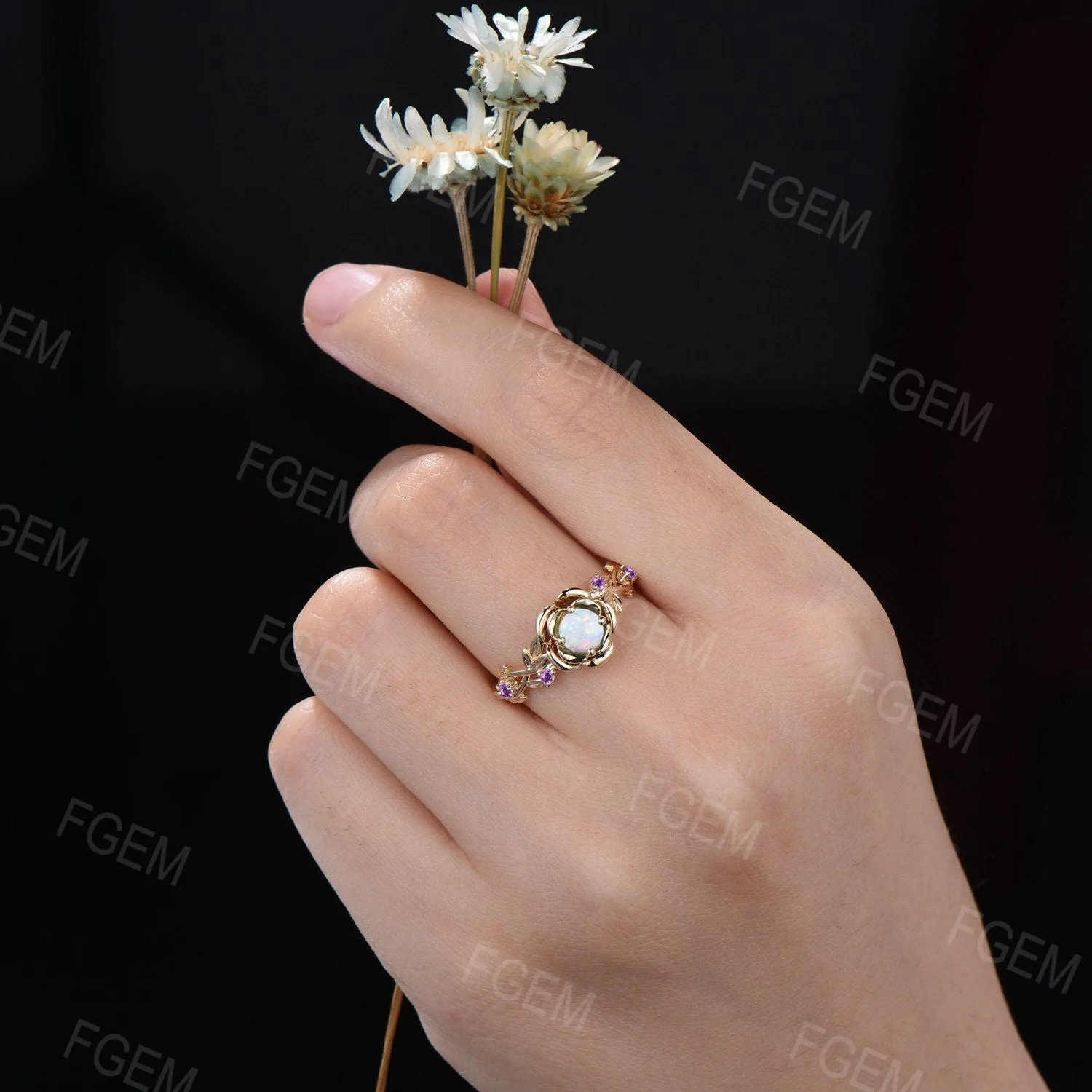 Gold Floral Engagement Ring 5mm Round Cut White Opal Twist Wedding Ring Nature Inspired Leaf Opal Jewelry Rose Flower Amethyst Promise Ring