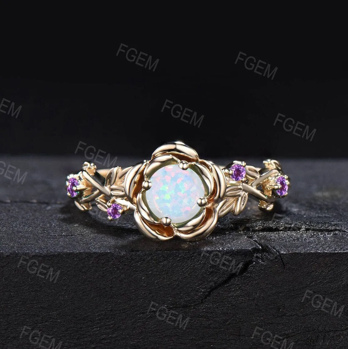 Gold Floral Engagement Ring 5mm Round Cut White Opal Twist Wedding Ring Nature Inspired Leaf Opal Jewelry Rose Flower Amethyst Promise Ring