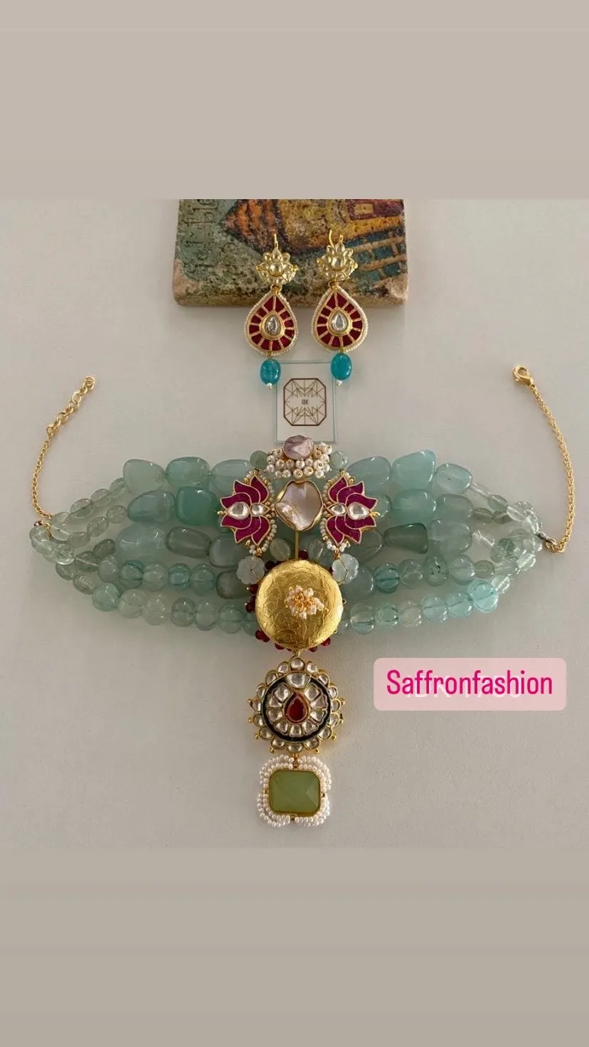 Green beaded choker kundan set indian set