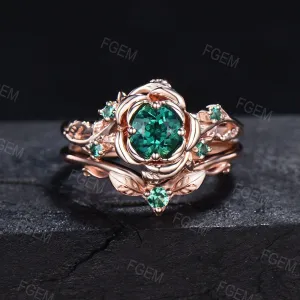 Green Emerald Floral Wedding Ring Set 5mm Round Cut Nature Inspired Branch Rose Flower Emerald Engagement Ring Set May Birthstone Bridal Set