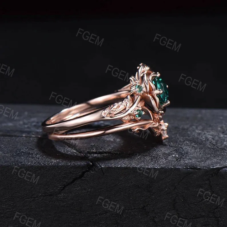 Green Emerald Floral Wedding Ring Set 5mm Round Cut Nature Inspired Branch Rose Flower Emerald Engagement Ring Set May Birthstone Bridal Set