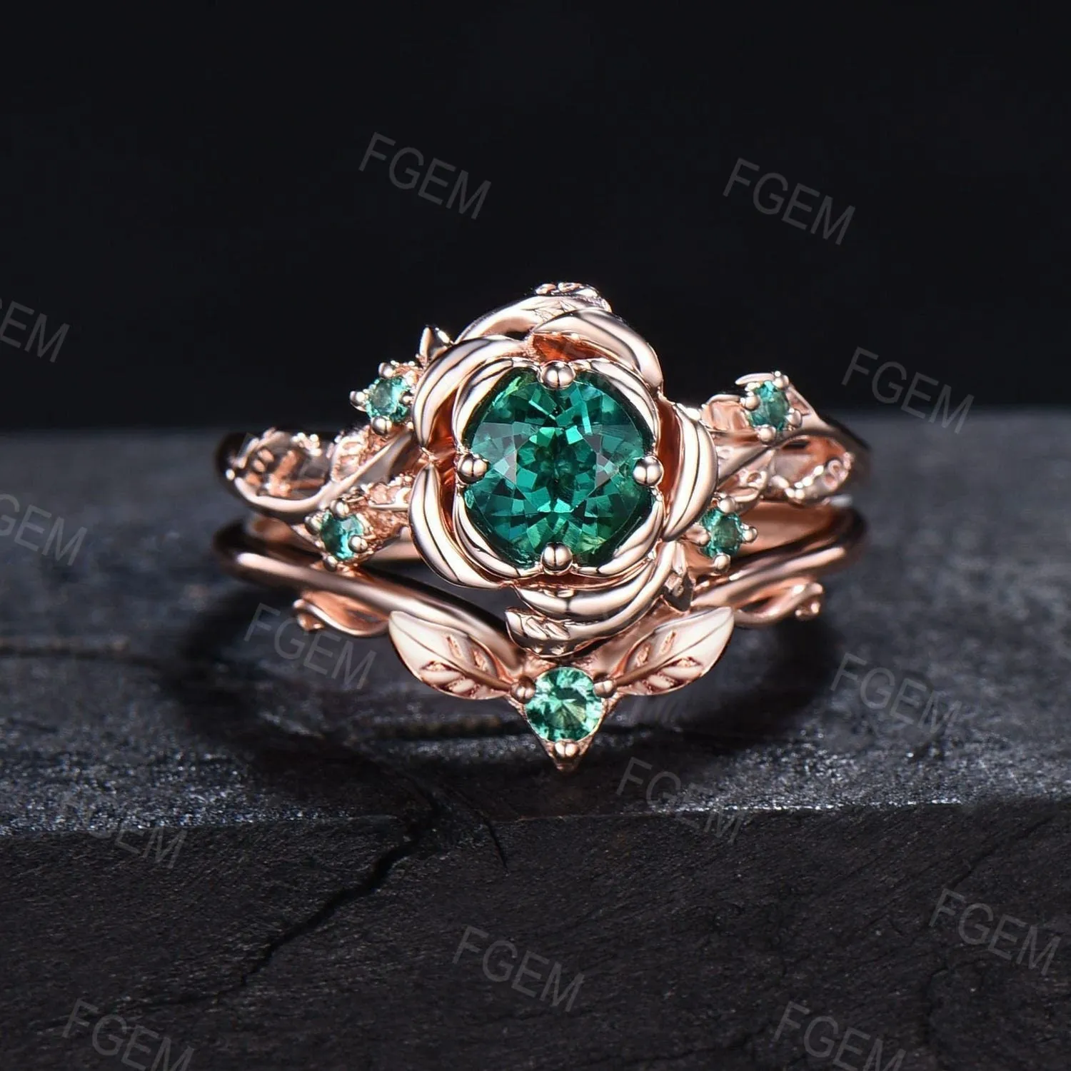 Green Emerald Floral Wedding Ring Set 5mm Round Cut Nature Inspired Branch Rose Flower Emerald Engagement Ring Set May Birthstone Bridal Set