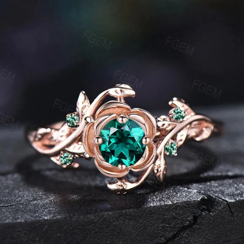 Green Emerald Floral Wedding Ring Set 5mm Round Cut Nature Inspired Branch Rose Flower Emerald Engagement Ring Set May Birthstone Bridal Set