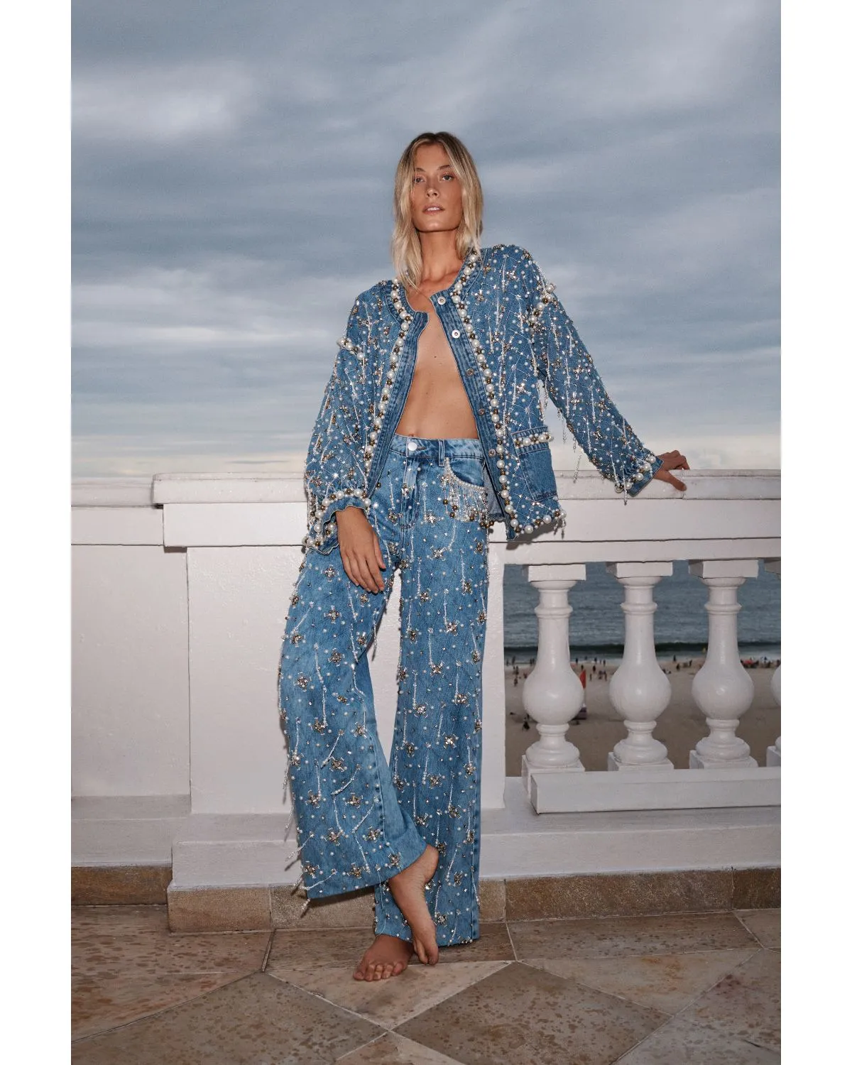 HAND-BEADED HIGH WAIST JEANS
