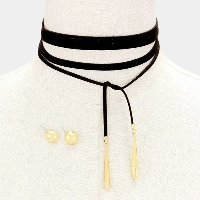 iLLASPARKZ 2 PCS - Multi-tier choker   long faux suede wrap tie necklace
