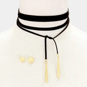 iLLASPARKZ 2 PCS - Multi-tier choker   long faux suede wrap tie necklace