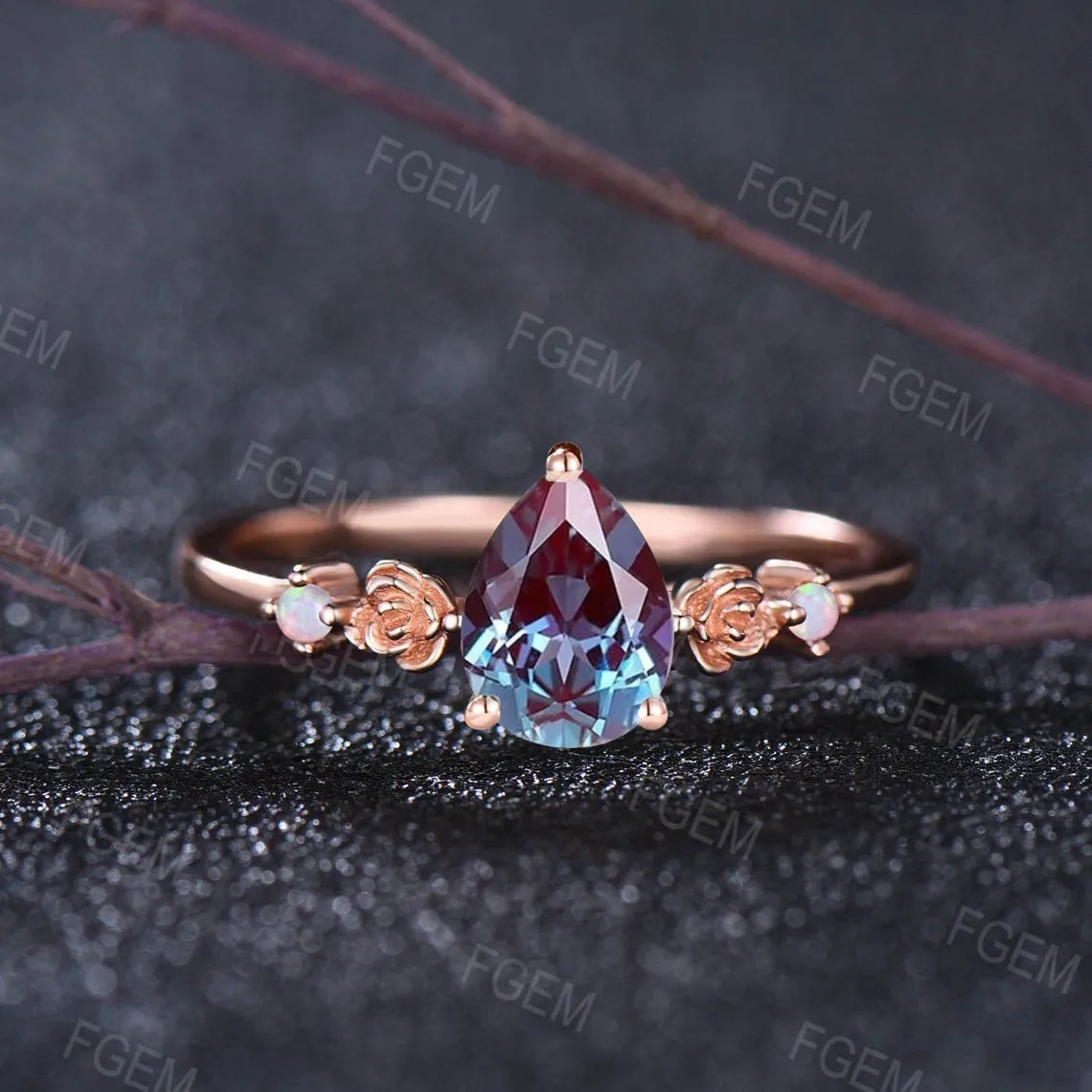 June Birthstone Engagement Ring Vintage 10k Rose Gold Nature Inspired Flower Alexandrite Opal Bridal Ring Unique Proposal/Valentine's Gifts