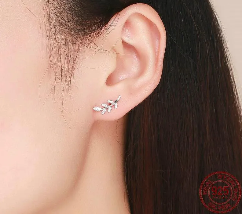 Minimalist 925 Sterling Silver Leaf Earrings Zircon Earrings
