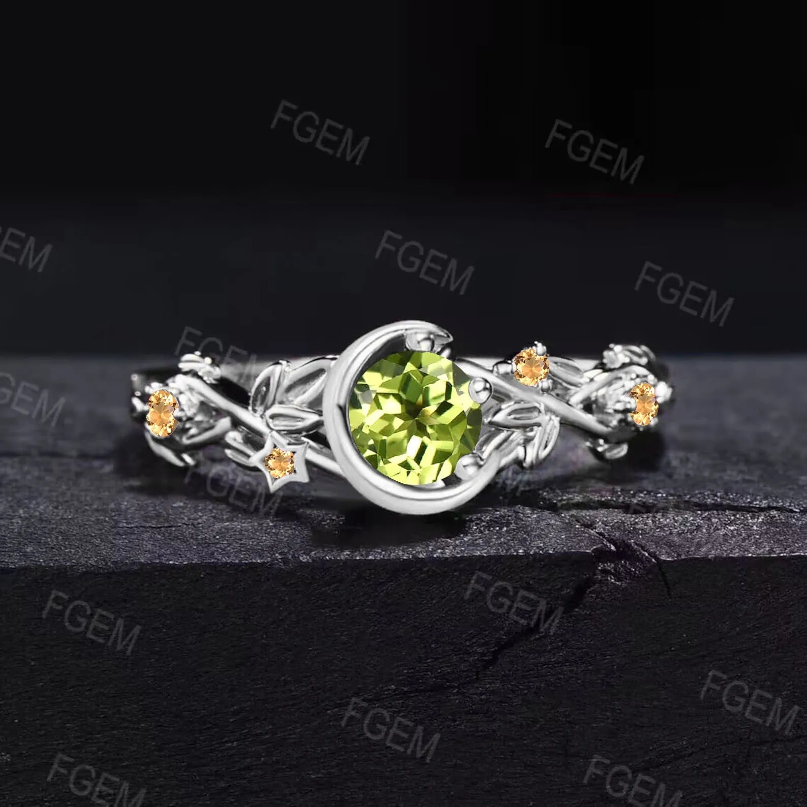 Moon Star Design Natural Peridot and Citrine Ring 10K Rose Gold Nature Inspired Green Peridot Promise Ring August Birthstone Birthday Gifts