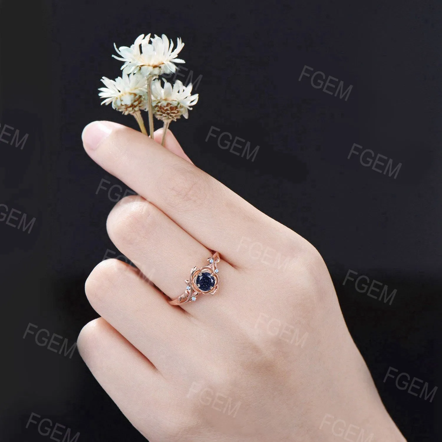 Nature Inpsired Galaxy Blue Sandstone Engagement Ring 14k Rose Gold Moonstone Wedding Ring Rose Flower Blue Goldstone Jewelry Promise Gifts