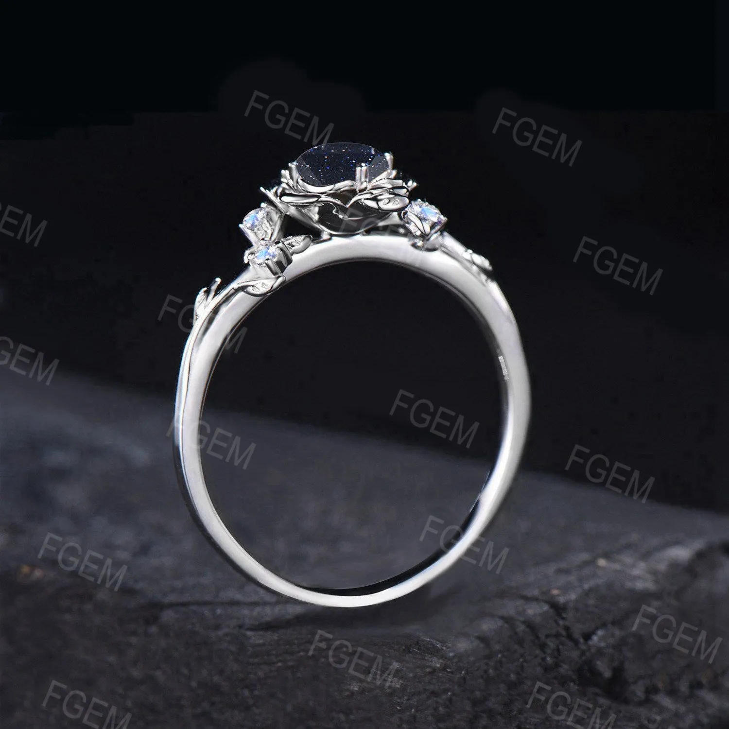 Nature Inpsired Galaxy Blue Sandstone Engagement Ring 14k Rose Gold Moonstone Wedding Ring Rose Flower Blue Goldstone Jewelry Promise Gifts