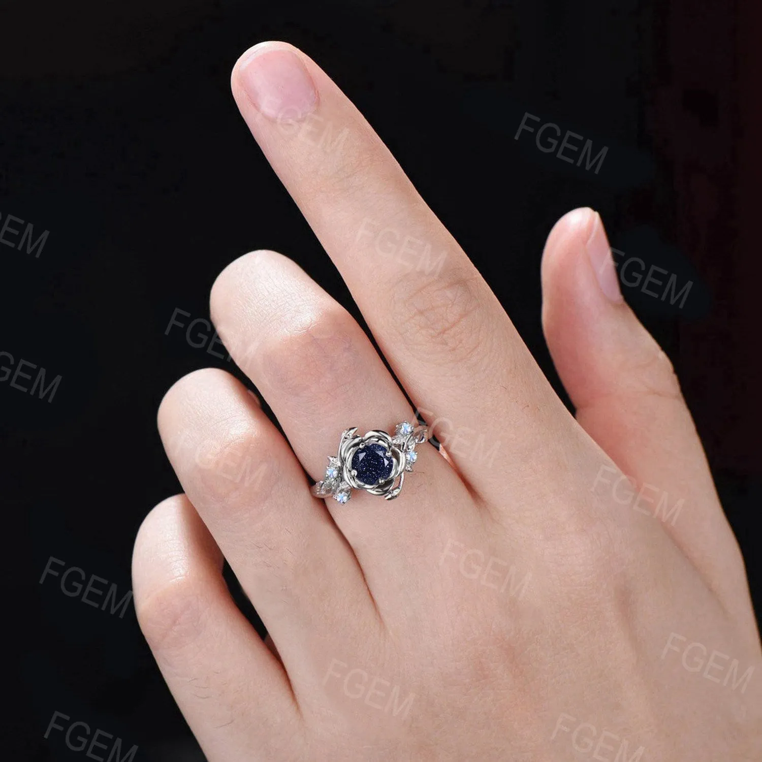 Nature Inpsired Galaxy Blue Sandstone Engagement Ring 14k Rose Gold Moonstone Wedding Ring Rose Flower Blue Goldstone Jewelry Promise Gifts