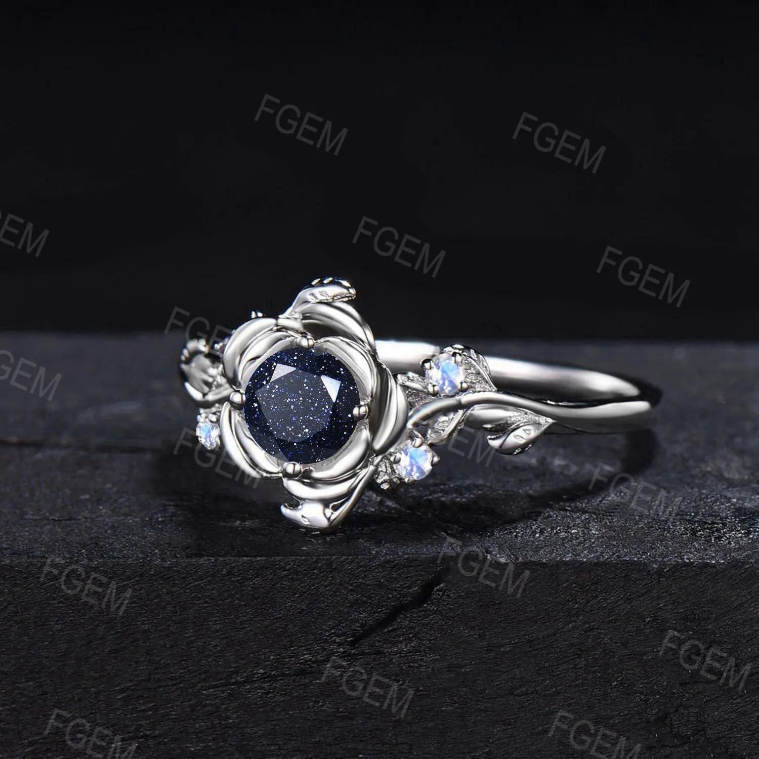 Nature Inpsired Galaxy Blue Sandstone Engagement Ring 14k Rose Gold Moonstone Wedding Ring Rose Flower Blue Goldstone Jewelry Promise Gifts
