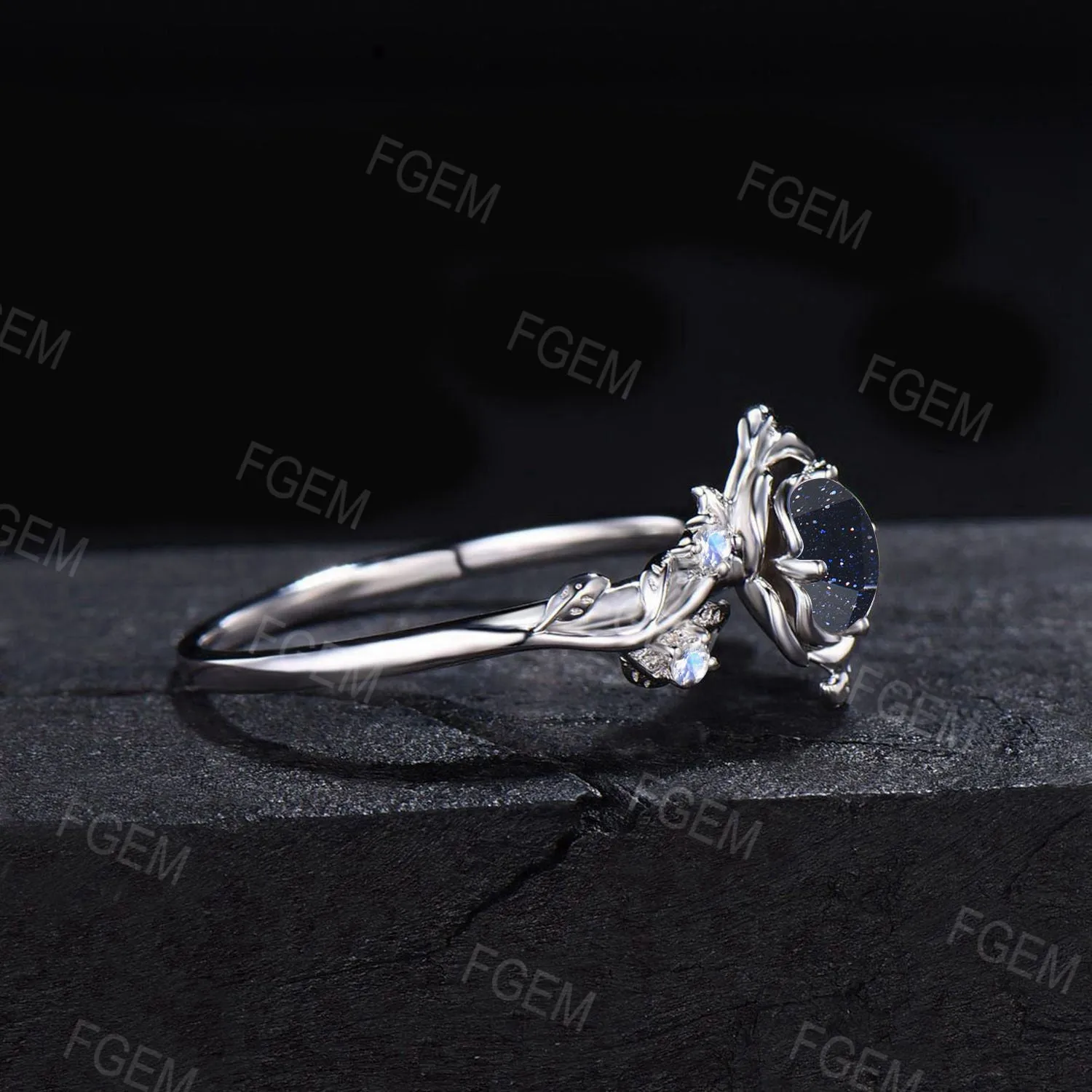 Nature Inpsired Galaxy Blue Sandstone Engagement Ring 14k Rose Gold Moonstone Wedding Ring Rose Flower Blue Goldstone Jewelry Promise Gifts