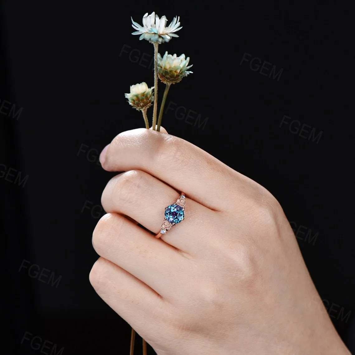 Nature Inspired Rose Flower Alexandrite Moonstone Ring 1.2ct Round Color-Change Alexandrite Wedding Ring Floral Bridal Ring Birthday Gifts