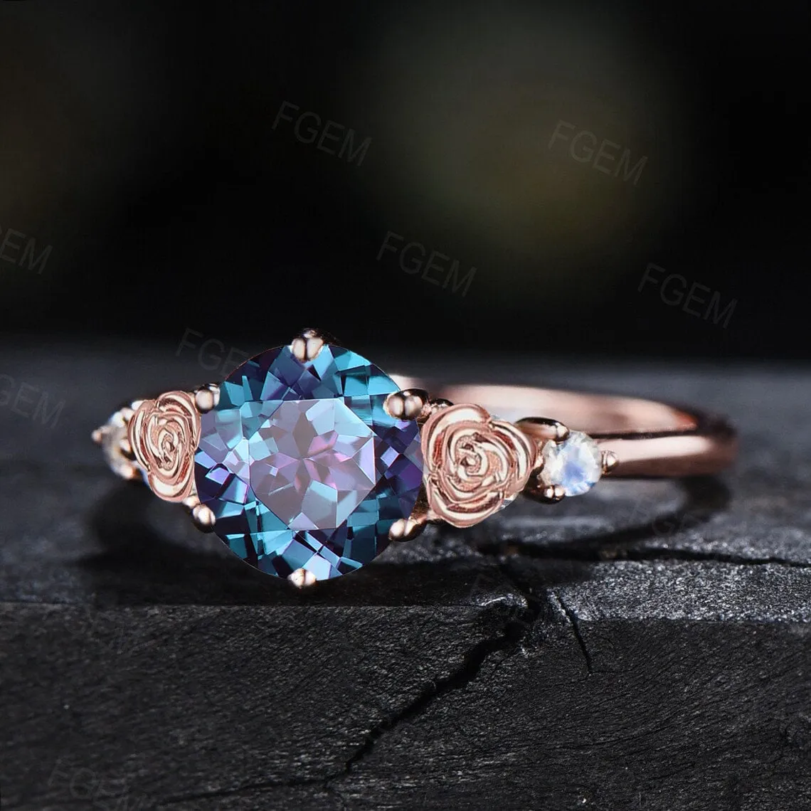 Nature Inspired Rose Flower Alexandrite Moonstone Ring 1.2ct Round Color-Change Alexandrite Wedding Ring Floral Bridal Ring Birthday Gifts