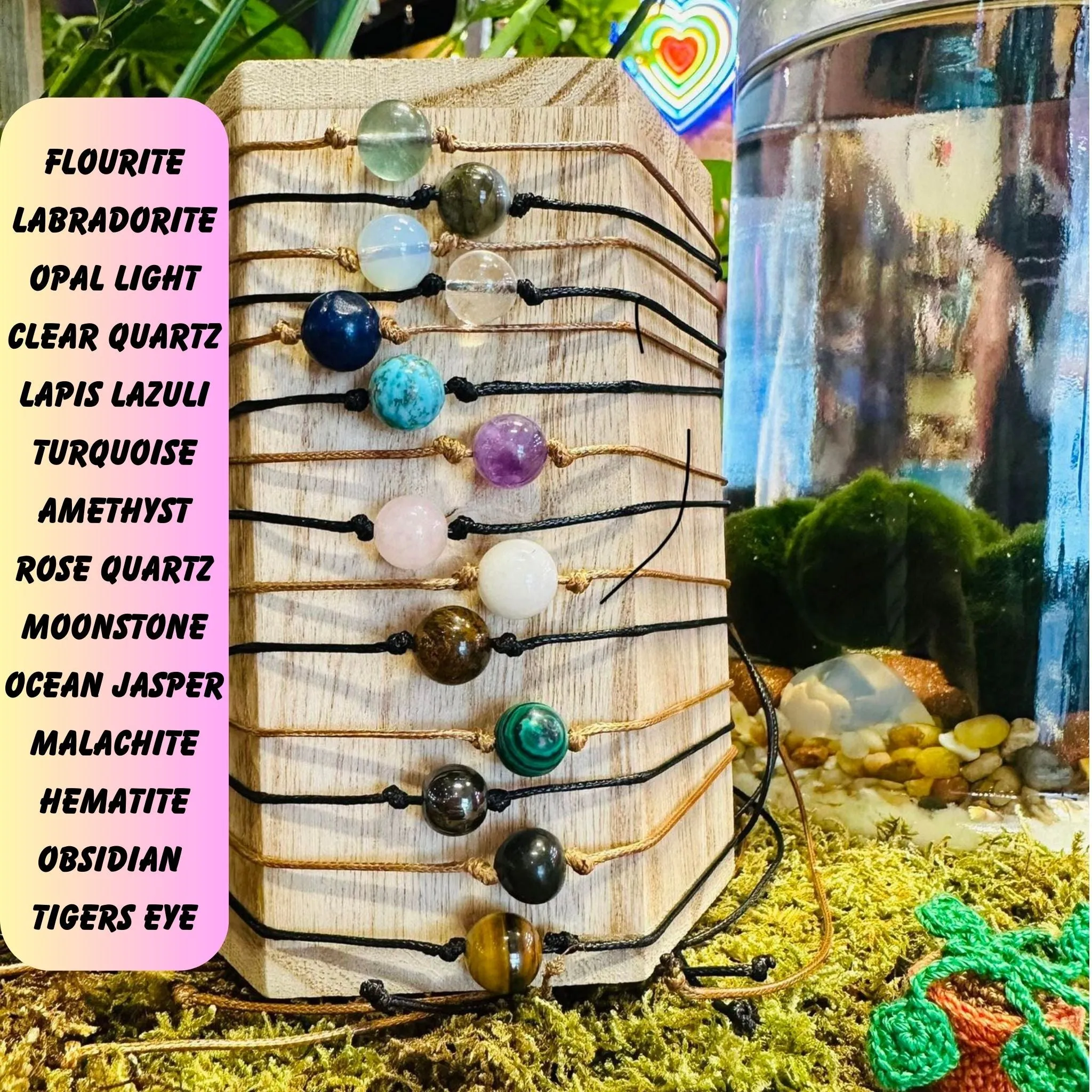 NEW! Single Gemstone Bead Choker Necklace . * . Adjustable Back | 8  Genuine Stones Available | Wax Hemp Cord | Healing Properties