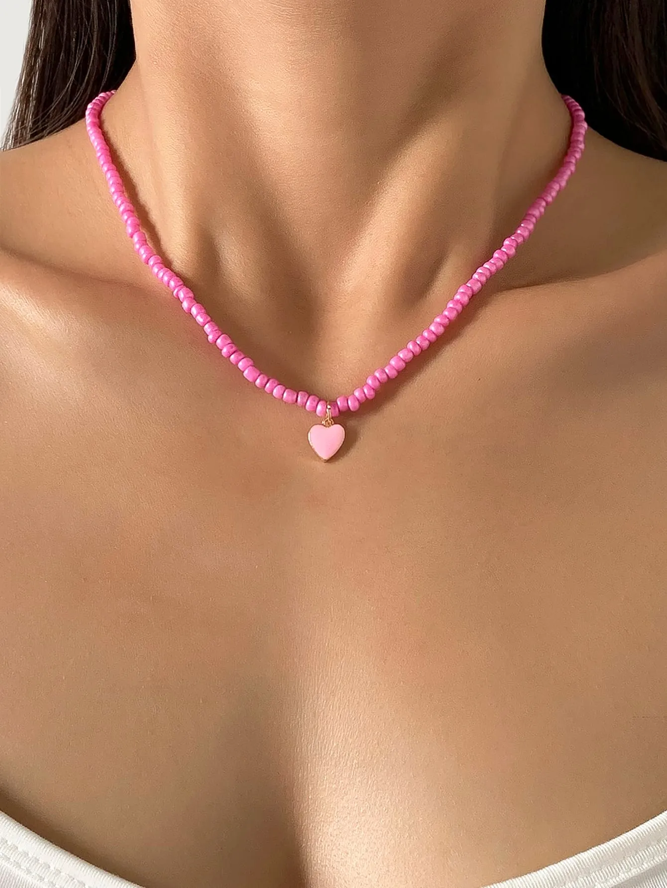 Pink Heart Charm Beaded Necklace for Women Jewelry for Women Gift for Her