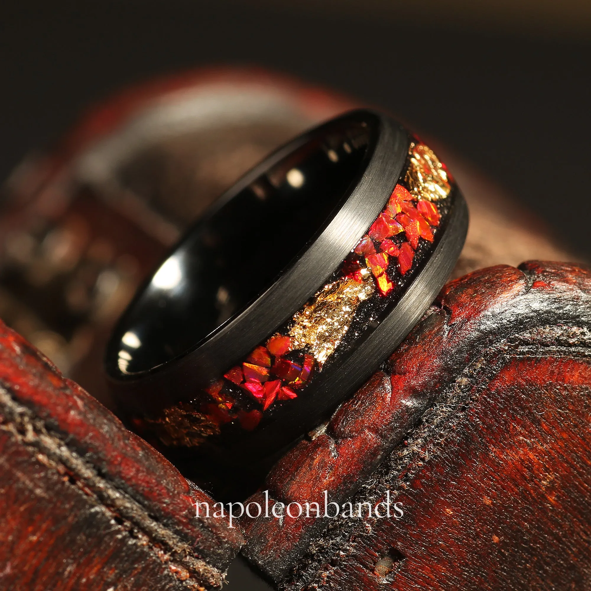 "Crimson Nebula " Black Tungsten Wedding Band with Crushed Red Fire Opal Inlay and Brushed Dome Finish