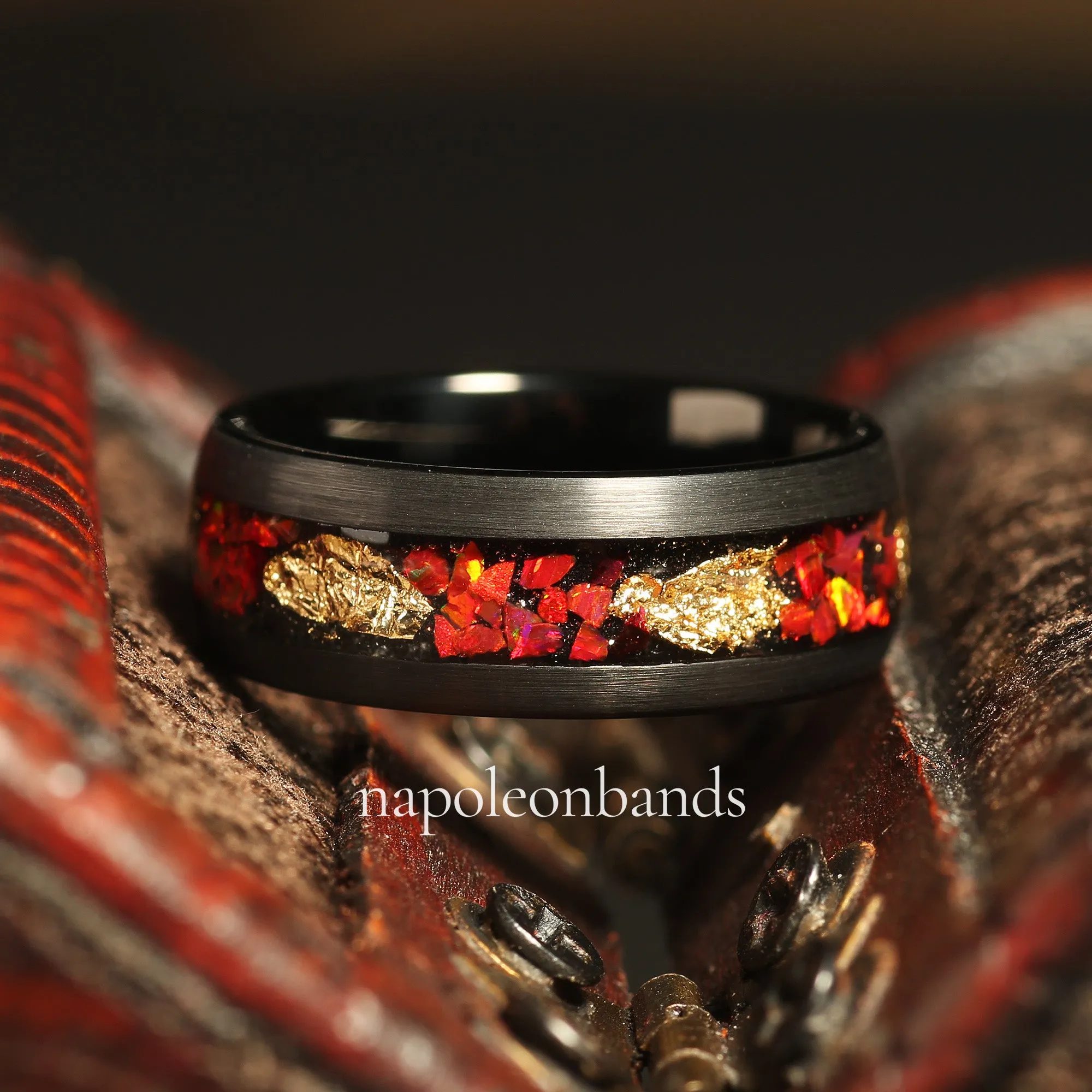 "Crimson Nebula " Black Tungsten Wedding Band with Crushed Red Fire Opal Inlay and Brushed Dome Finish