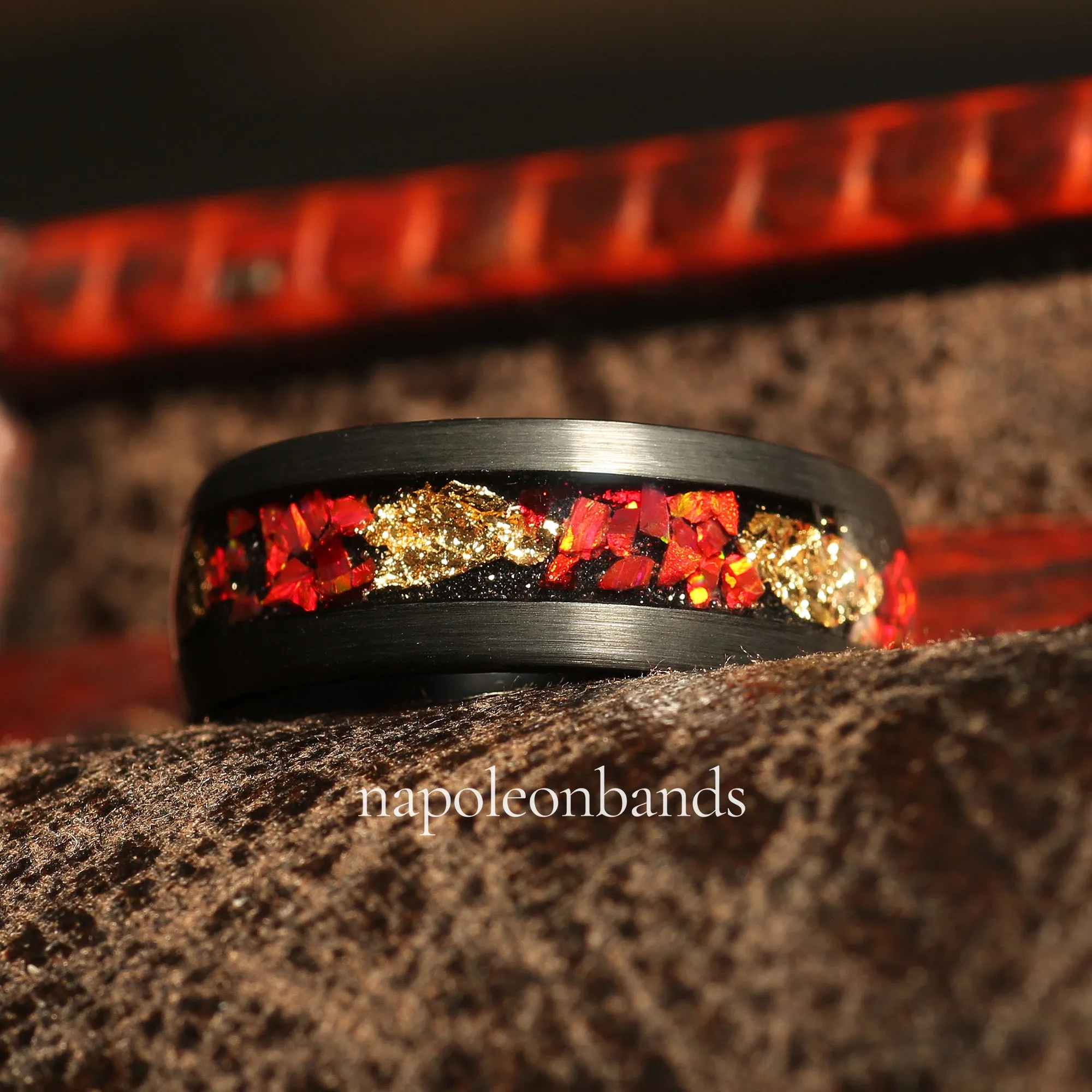 "Crimson Nebula " Black Tungsten Wedding Band with Crushed Red Fire Opal Inlay and Brushed Dome Finish