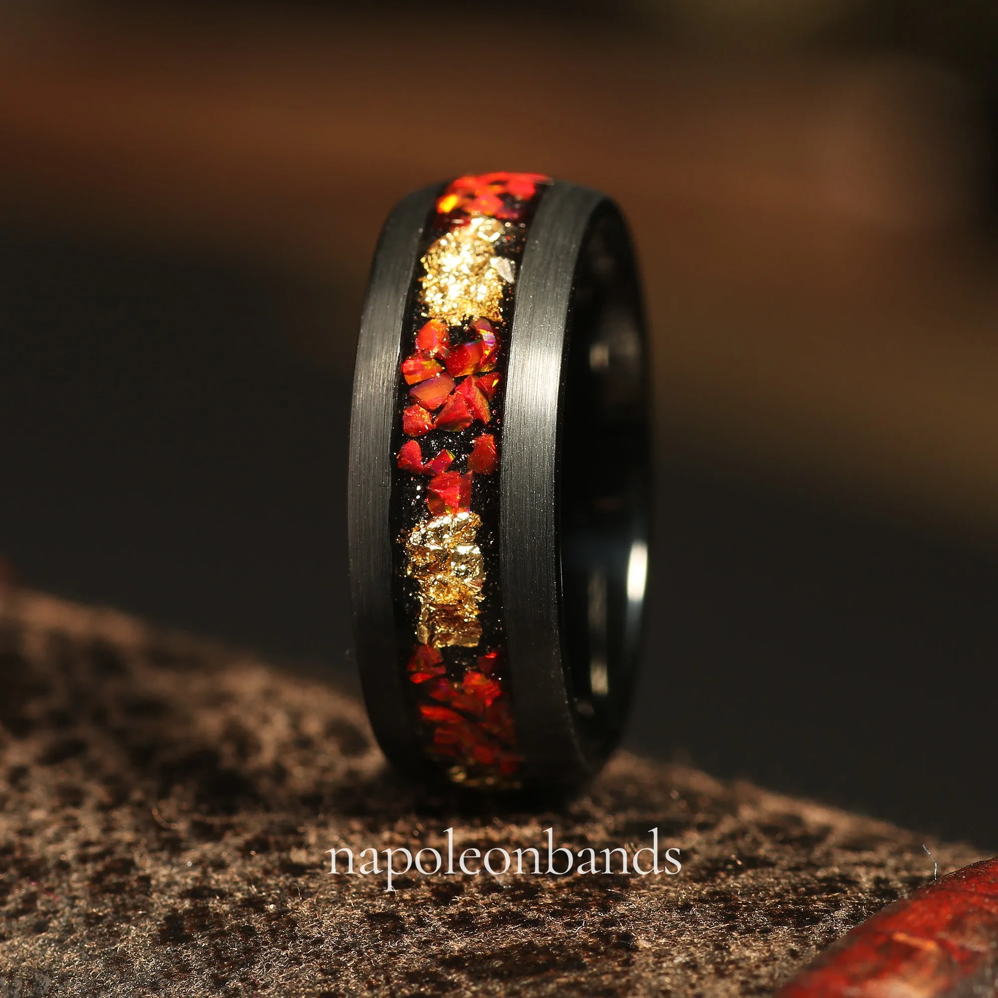 "Crimson Nebula " Black Tungsten Wedding Band with Crushed Red Fire Opal Inlay and Brushed Dome Finish