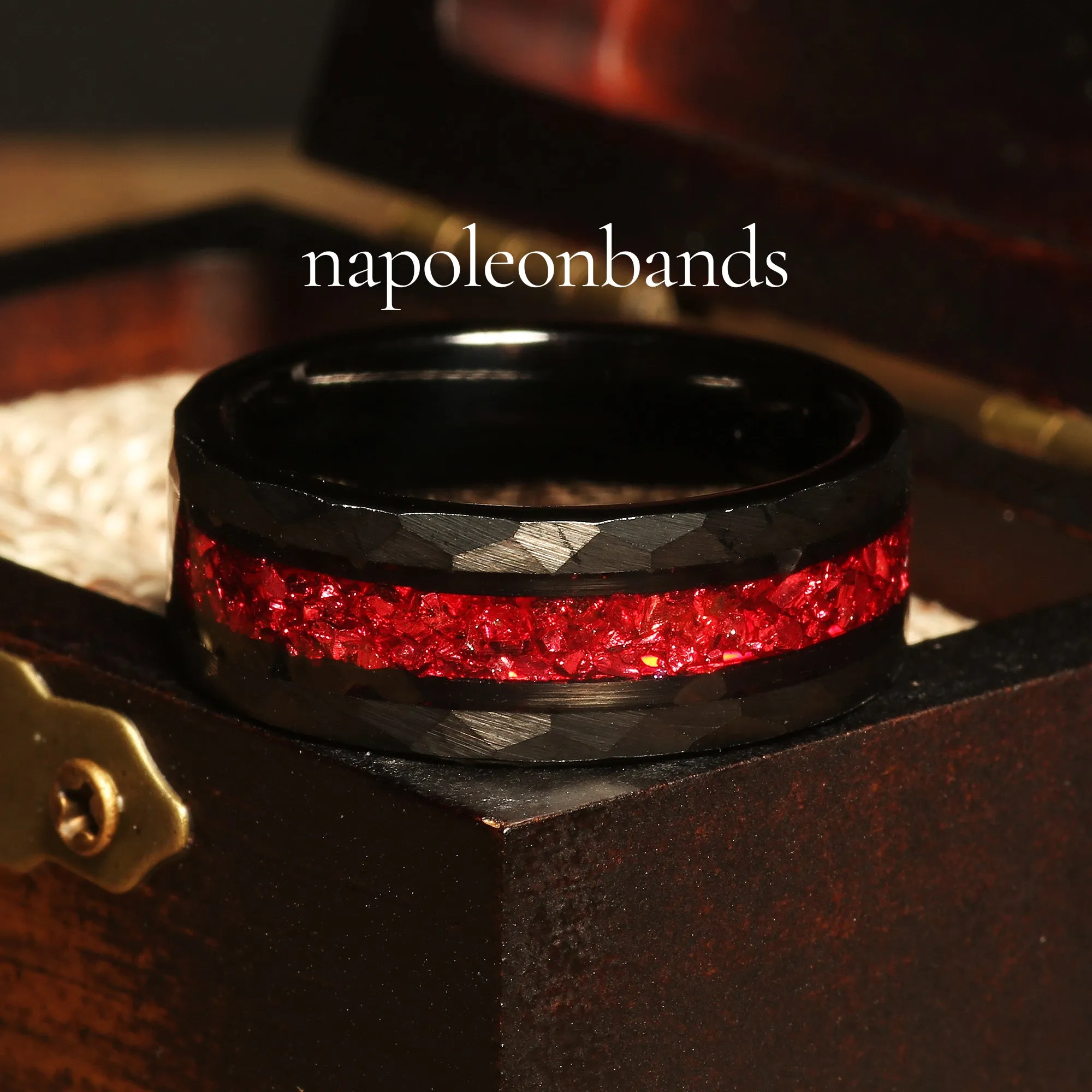 "Crimson Shadow" Black Tungsten Wedding Band with Red Ruby Birthstone  Inlay