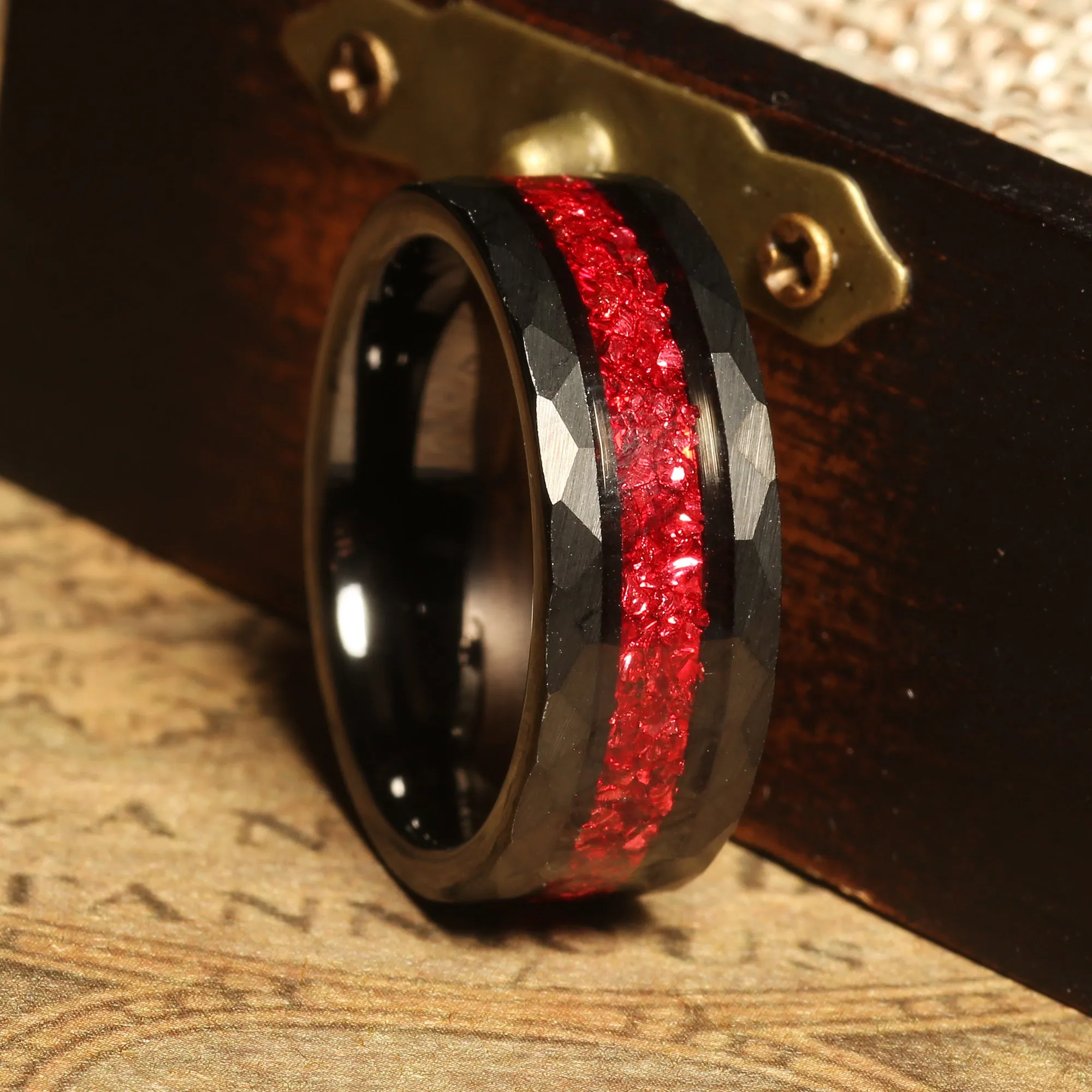 "Crimson Shadow" Black Tungsten Wedding Band with Red Ruby Birthstone  Inlay