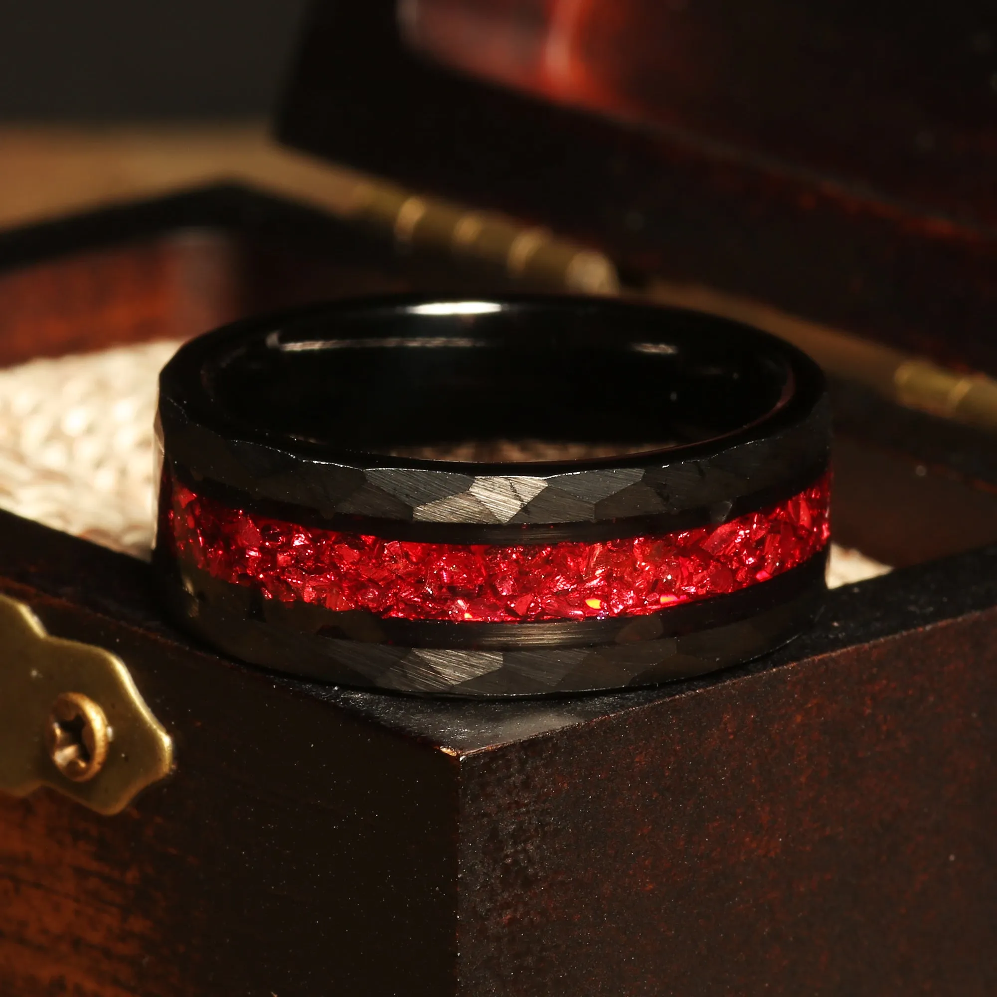 "Crimson Shadow" Black Tungsten Wedding Band with Red Ruby Birthstone  Inlay
