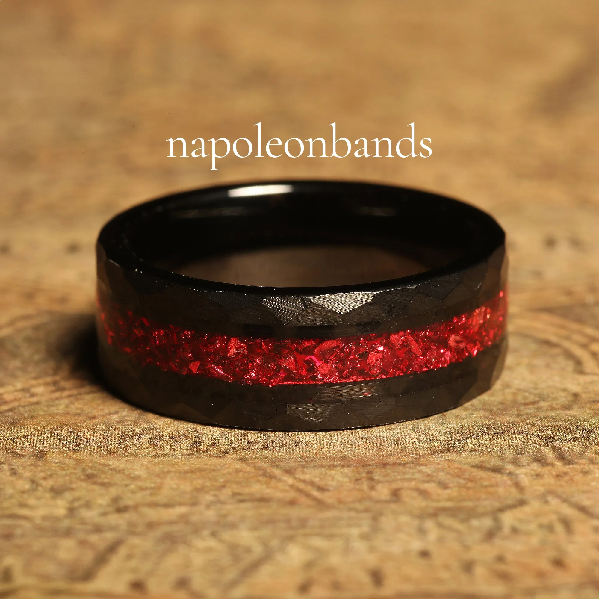 "Crimson Shadow" Black Tungsten Wedding Band with Red Ruby Birthstone  Inlay