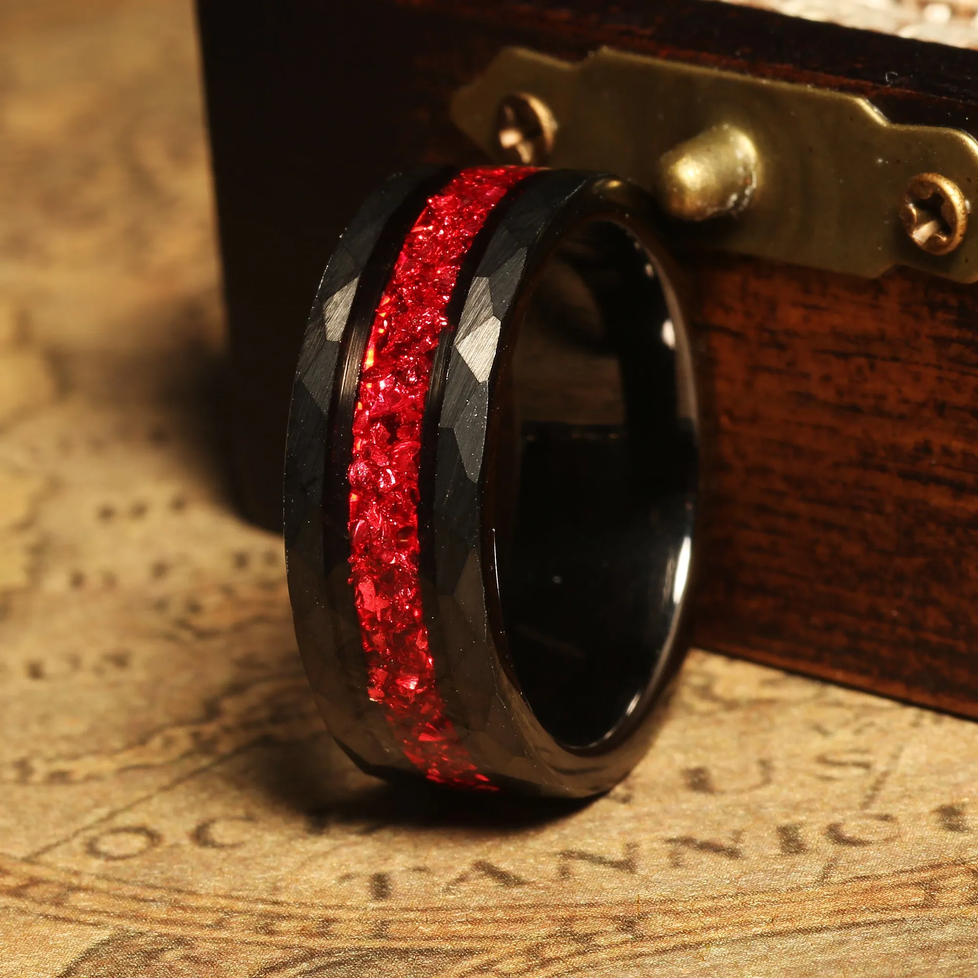 "Crimson Shadow" Black Tungsten Wedding Band with Red Ruby Birthstone  Inlay