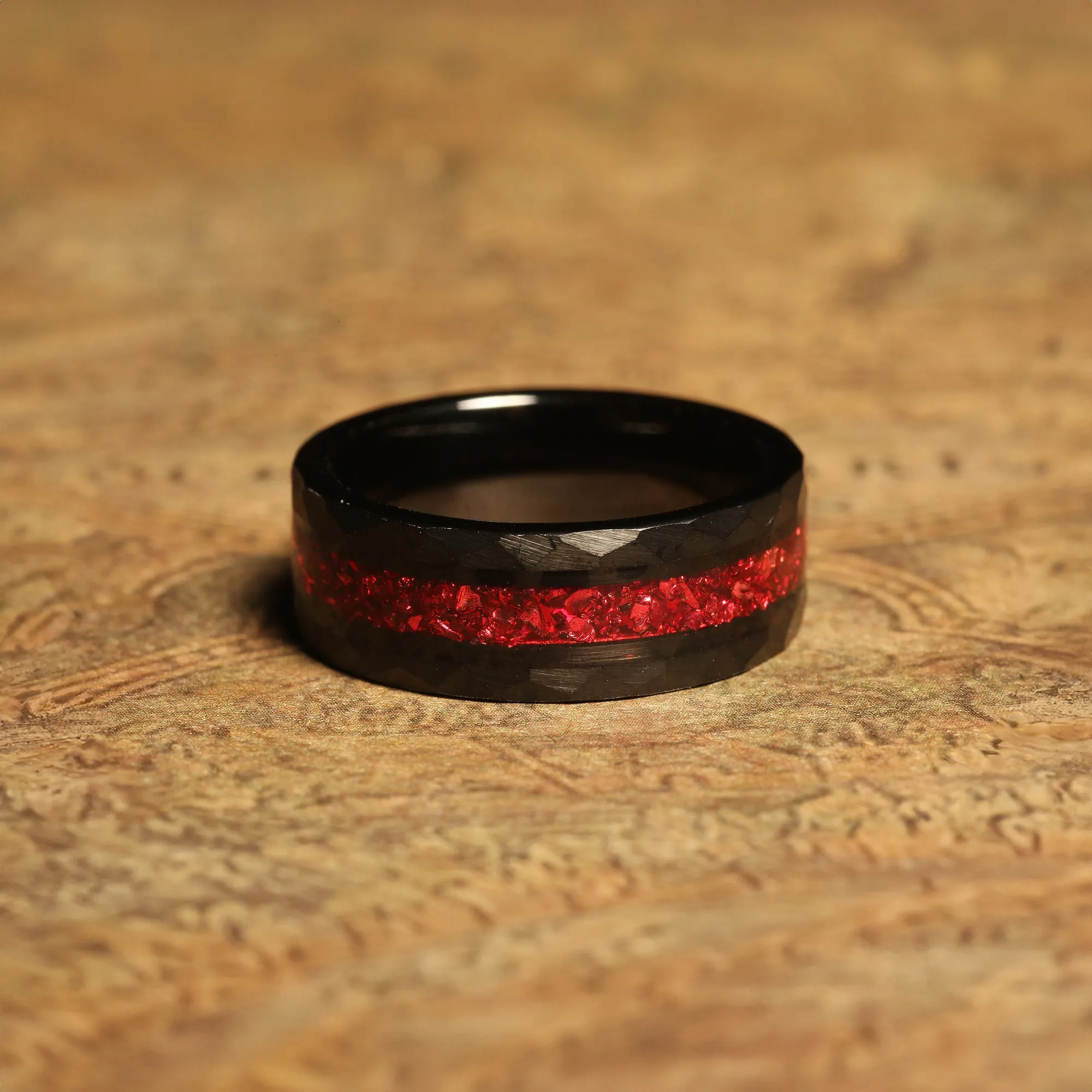 "Crimson Shadow" Black Tungsten Wedding Band with Red Ruby Birthstone  Inlay