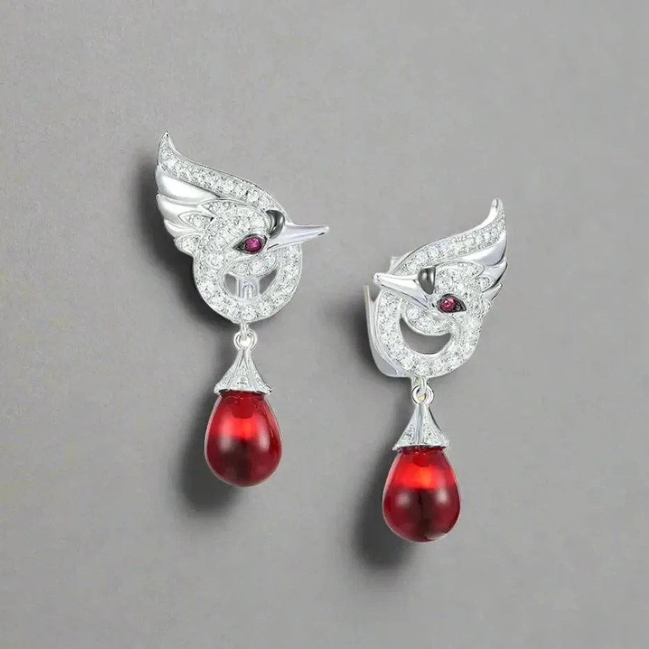 Red Stone Swan Drop Earrings