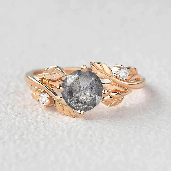 Rose Cut Round Salt and Pepper Diamonds Leaf Engagement Ring